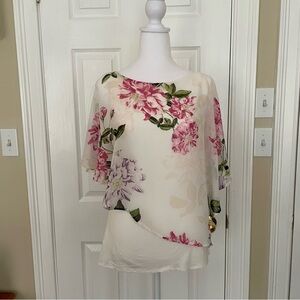 Ann Taylor Asymmetrical Top, Tank with Sheer Floral Overlay, Size Petite Small